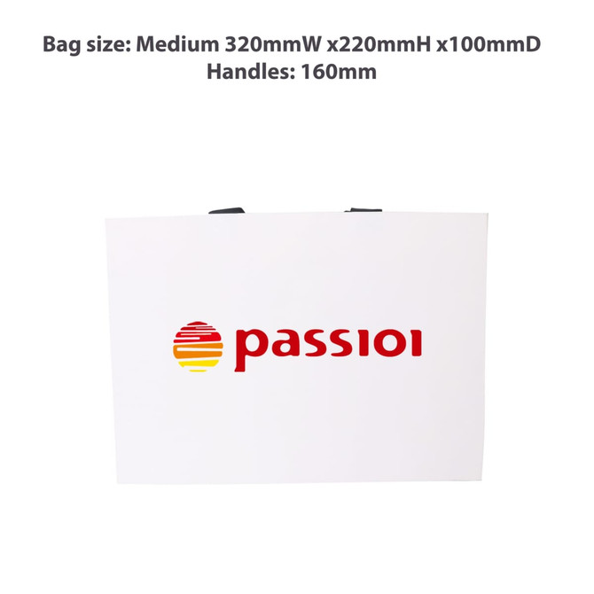 A medium white paper bag with flat black handles and a logo printed on the front.