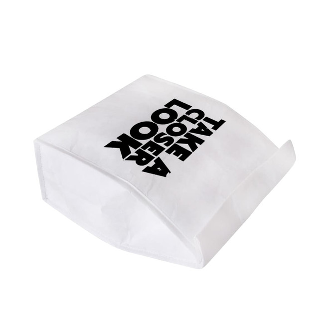A white Tyvek cooler lunch bag with a logo, featuring a unique, crumpled design.