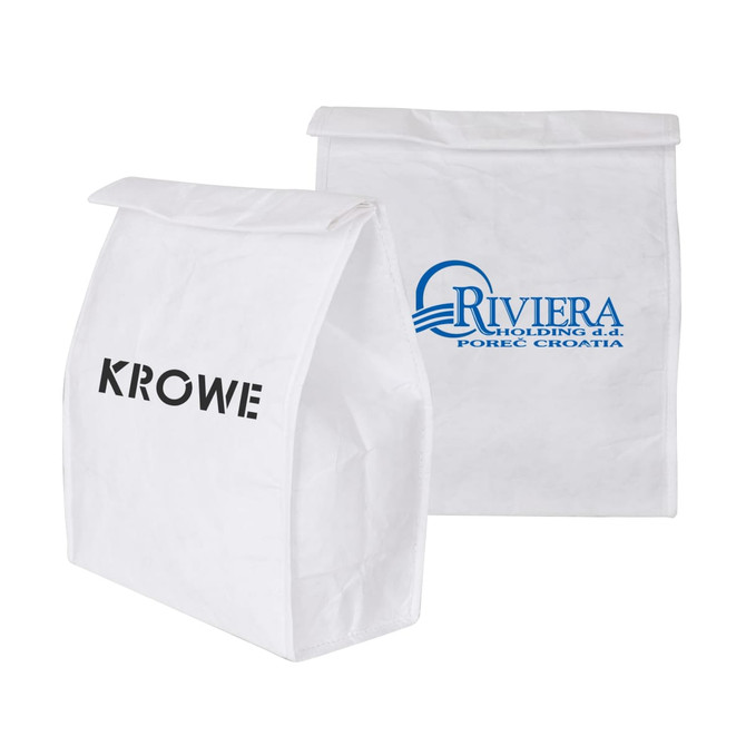 A small white Tyvek cooler lunch bag, featuring logos on two sides, designed for insulation and portability.