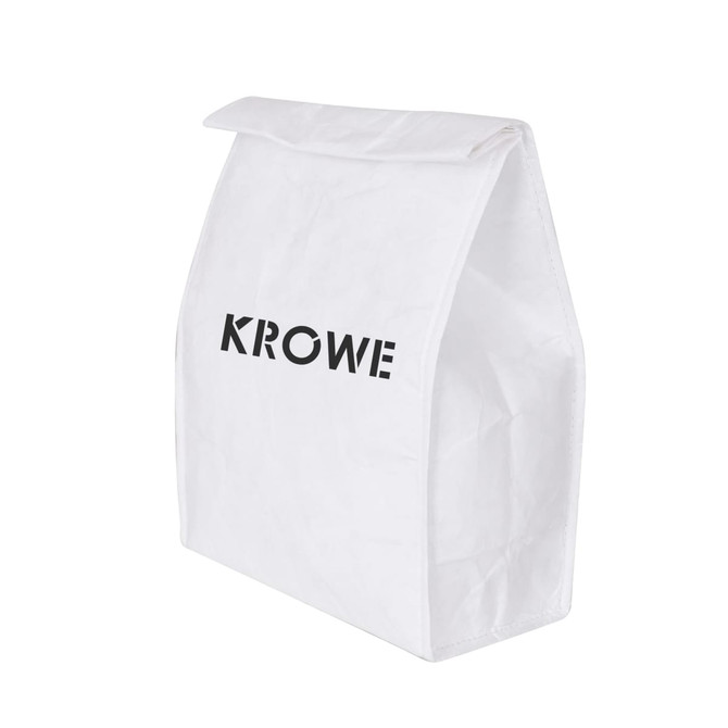A white Tyvek cooler lunch bag with a rectangular shape and a logo on the front.