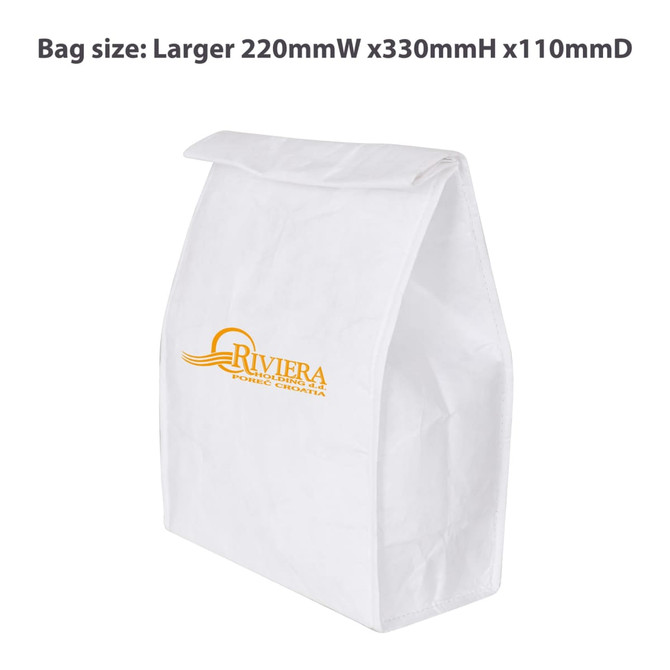 A white Tyvek cooler lunch bag with a side logo, measuring 220mm wide, 330mm high, and 110mm deep.