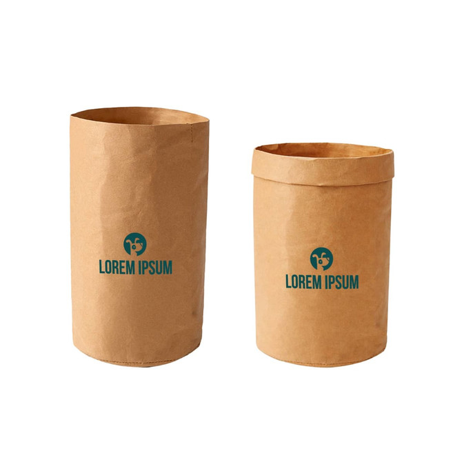 A small washable kraft paper bag in light brown, featuring a logo, displayed in two sizes.