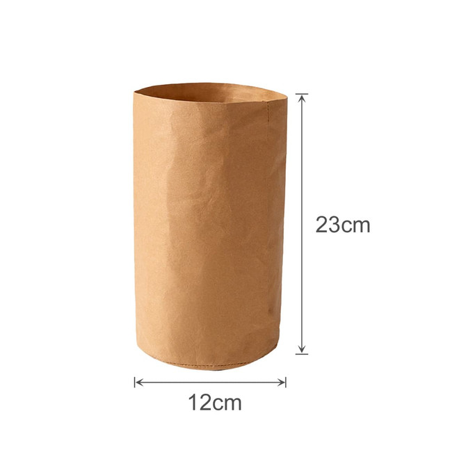 A brown kraft paper bag, 12 cm in diameter and 23 cm tall, featuring a plain design and no visible branding.