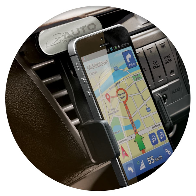 A car phone holder displaying a smartphone with a navigation app, secured in a black mounting clip. It has a branding logo.