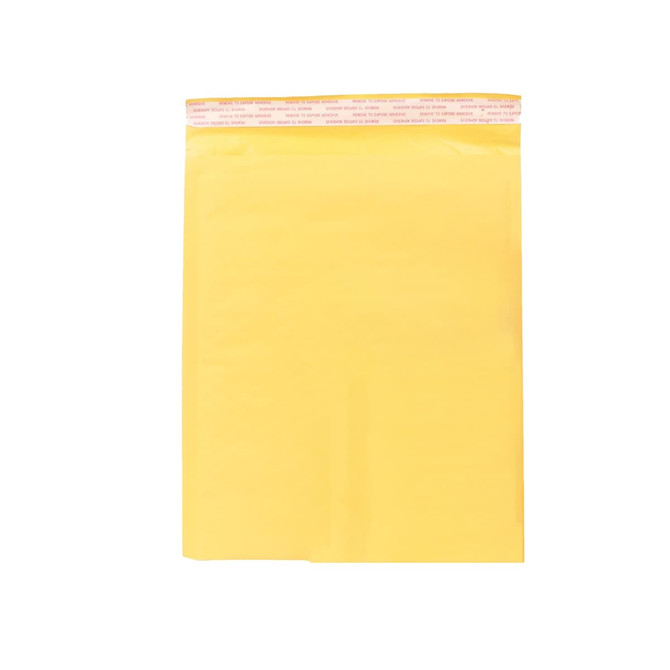 A medium yellow padded bubble envelope with a sealing strip at the top. It features a logo.
