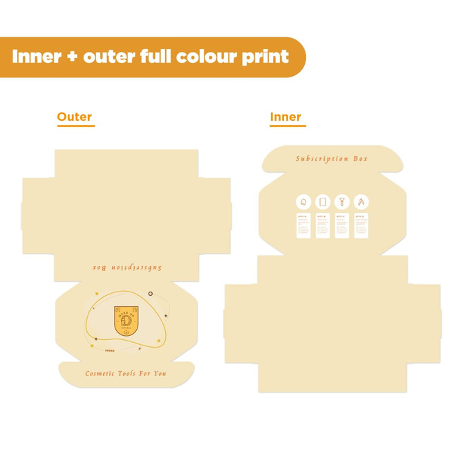 A cream-coloured subscription box packaging with full colour print, featuring an inner and outer design, and a logo.