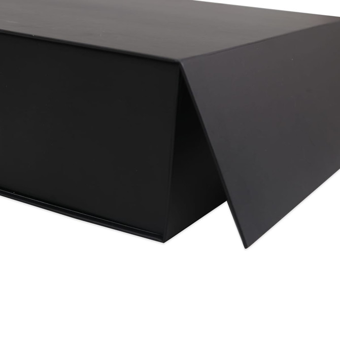 A large black foldable magnetic box with a triangular flap, featuring a smooth, matte finish and a logo.
