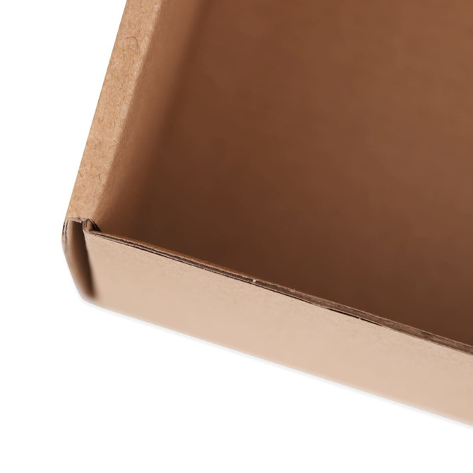 A small brown cardboard shipper box with a clean, open edge and a simple design. It features a logo.