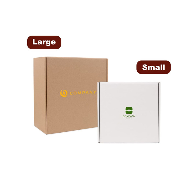 A large brown shipping box and a small white shipping box, both featuring logos.