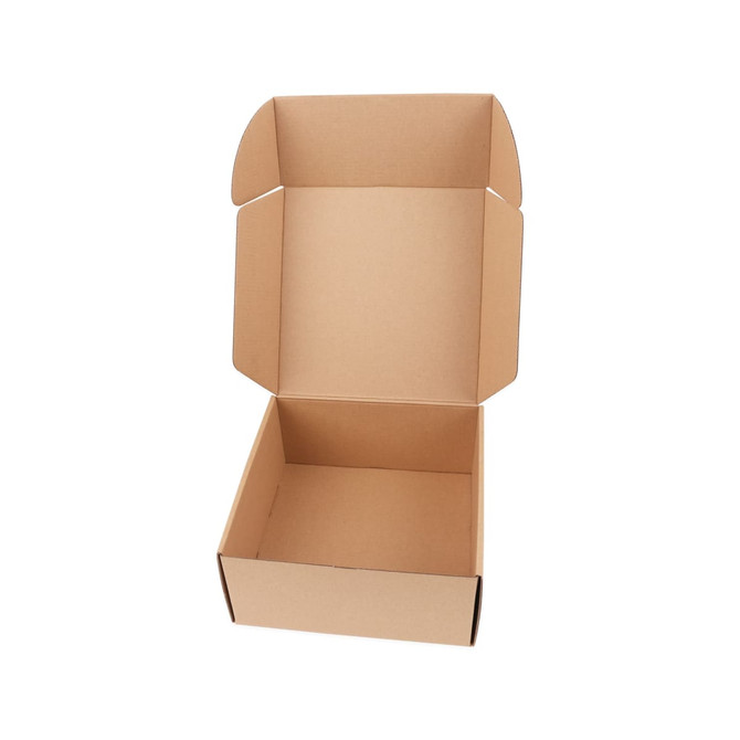 A large, empty cardboard shipper box in a natural brown colour, with an open lid and flaps.