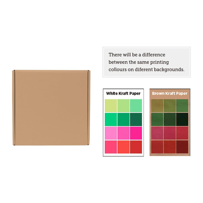 A brown kraft box with a square shape, accompanied by colour swatches for printing on different backgrounds.
