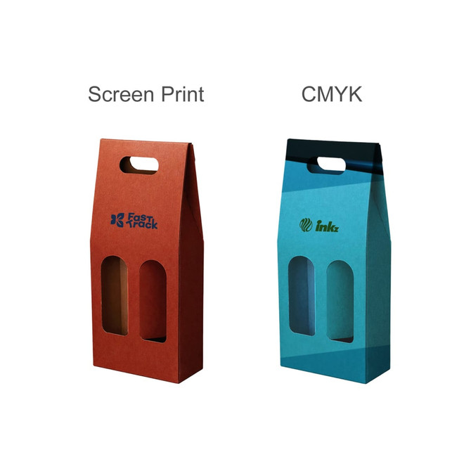 A double bottle portable wine box in orange and blue, featuring cut-out windows and handle openings. It has logos on each side.