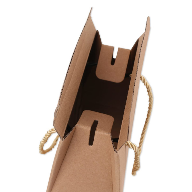 A drink bottle box in brown cardboard with a rope handle and an open top for two bottles.