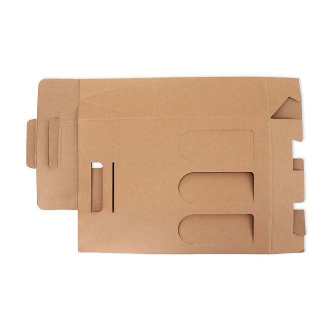 A cardboard packaging box in a light brown hue, designed to hold three wine bottles, featuring cutout handles and a logo.