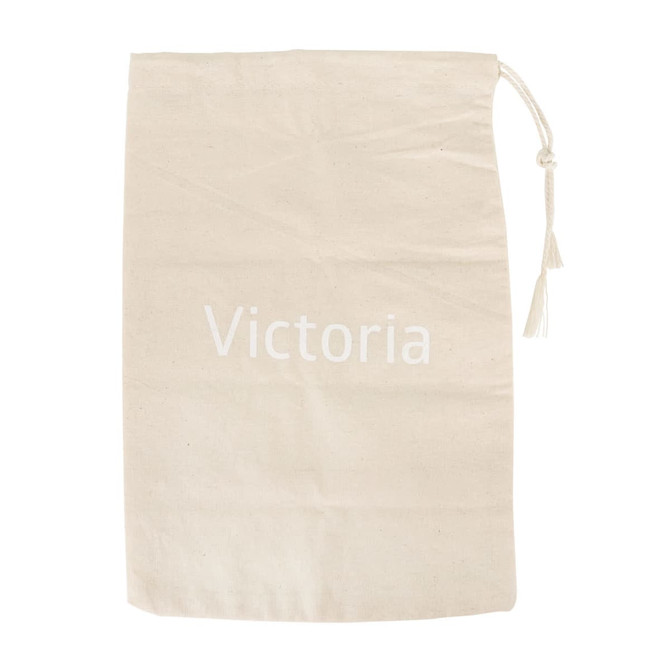 A large cotton produce bag in a light beige colour with a drawstring closure. It features a logo.