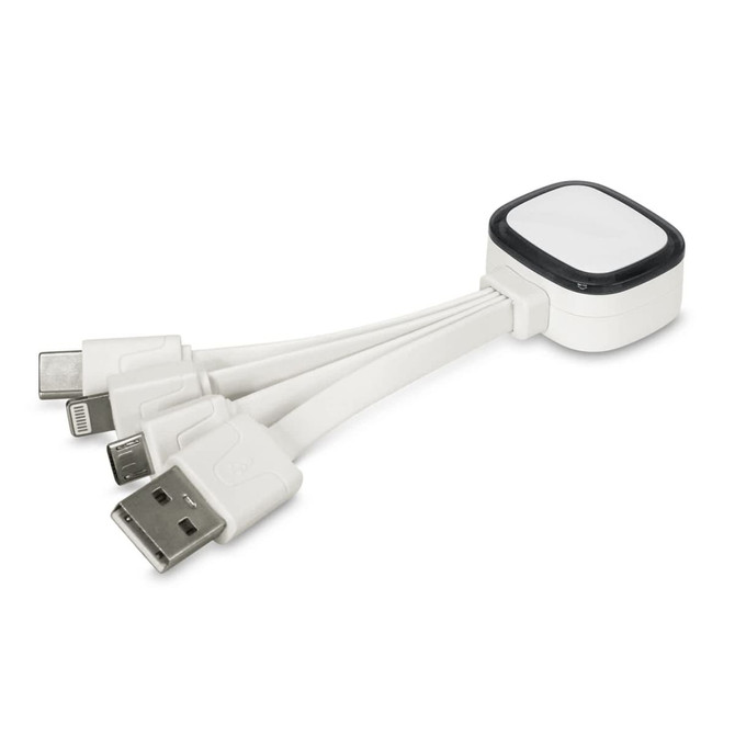 A white charging cable with multiple connectors, including USB, micro USB, and Lightning, featuring a small logo.