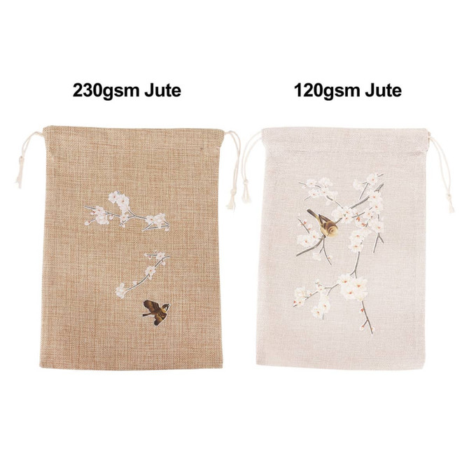 Two jute produce bags are displayed, one brown with a floral design and one cream with a butterfly and floral pattern.