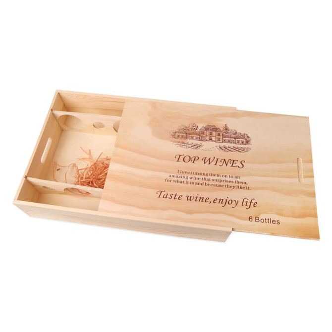 A wooden wine gift box with a natural finish, designed to hold six bottles, featuring a logo and compartments.