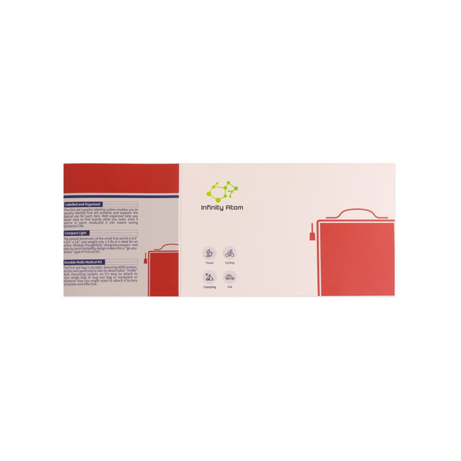 A red and white packaging sleeve featuring a logo and icons, designed for product packaging.