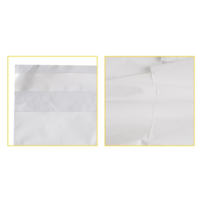 A medium biodegradable mailer bag in white, featuring a smooth surface and a simple design. It has a logo on it.