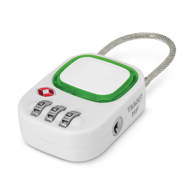 A white TSA lock with a green accent and a metal cable, featuring three combination dials and a logo.