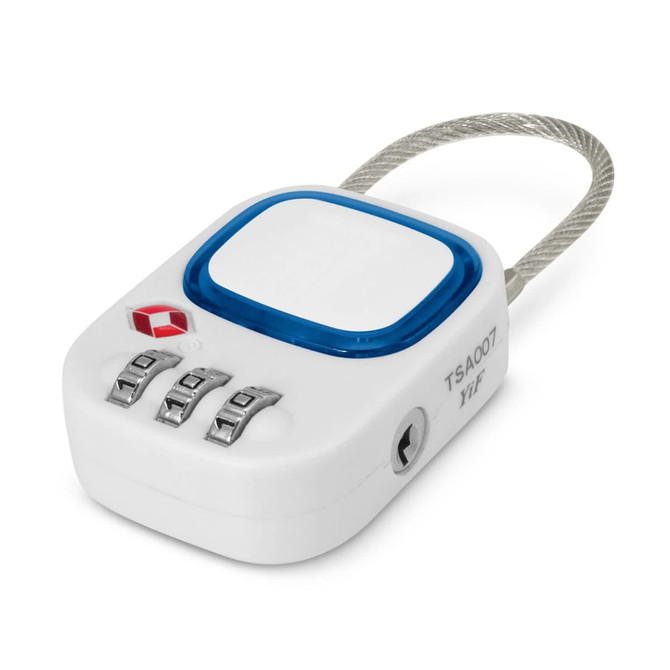A white TSA lock with a blue button and a braided steel cable, featuring a combination dial and a small logo.