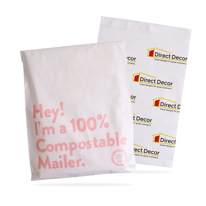 A large white biodegradable mailer bag featuring a logo and text indicating it is 100% compostable.