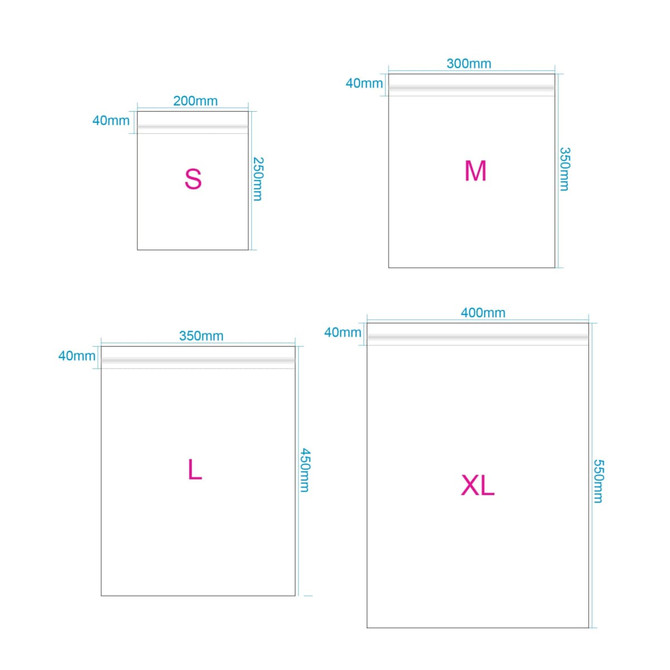 Self-adhesive biodegradable bags in various sizes, featuring a clear design with a simple layout.