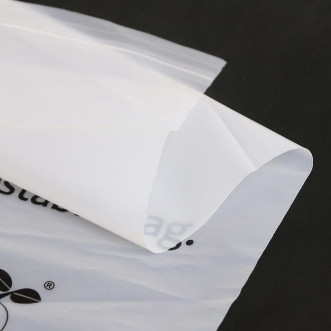 A transparent, biodegradable self-adhesive bag with a smooth surface and a subtle logo in the corner.