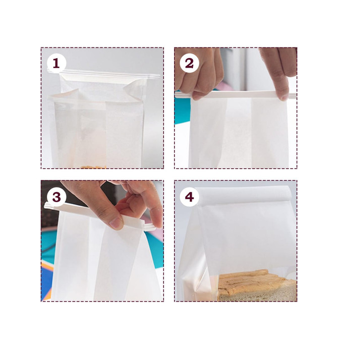 A set of instructional images demonstrating the use of an iron wire sealing storage bag in white.