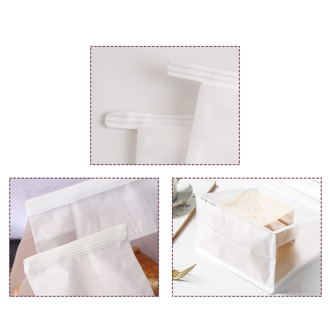 A white storage bag with a zip closure and a transparent section, featuring a logo. It appears in multiple angles.