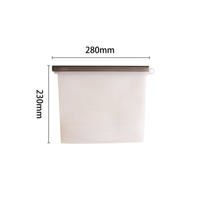A silicone reusable storage pouch in white with a brown lid, measuring 280mm by 230mm. Features a logo.