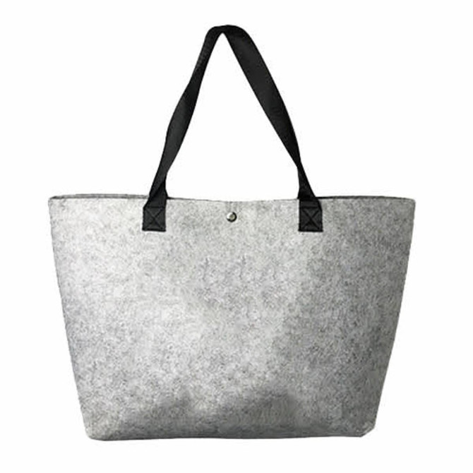 A grey felt shopping bag with black handles, featuring a logo on the side.