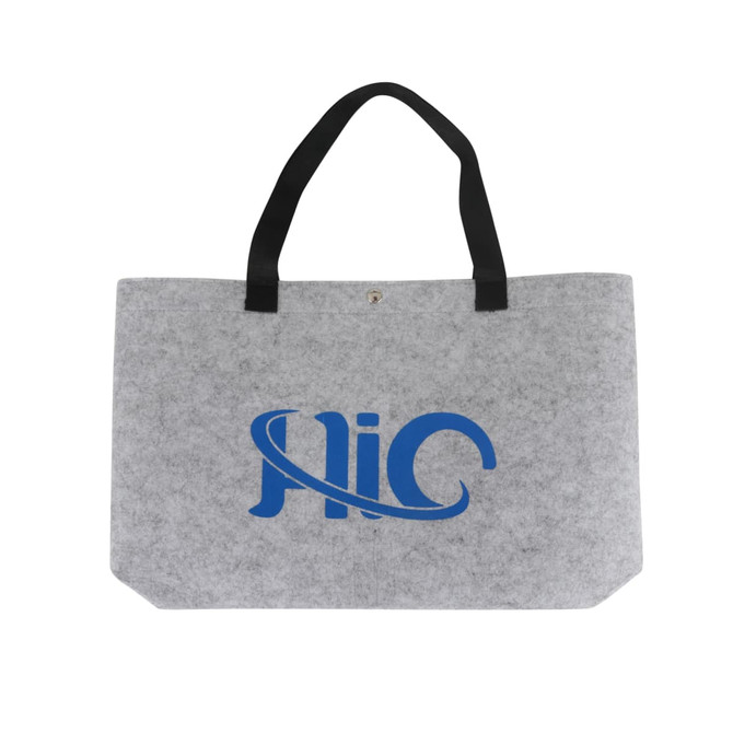 A grey felt shopping bag with black handles and a logo printed in blue.