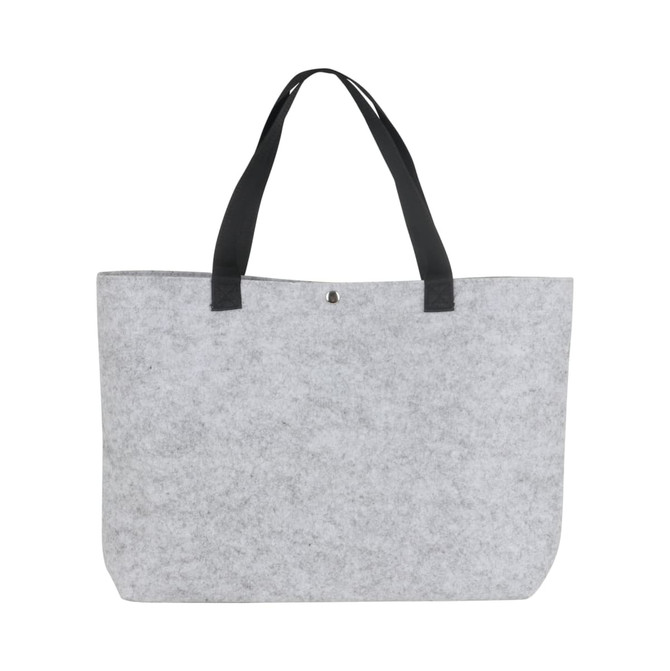 A grey felt shopping bag with black handles, featuring a simple design and a small fastening detail.