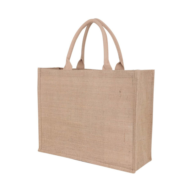 A natural jute tote bag in a light brown colour, featuring two sturdy handles and a structured design.
