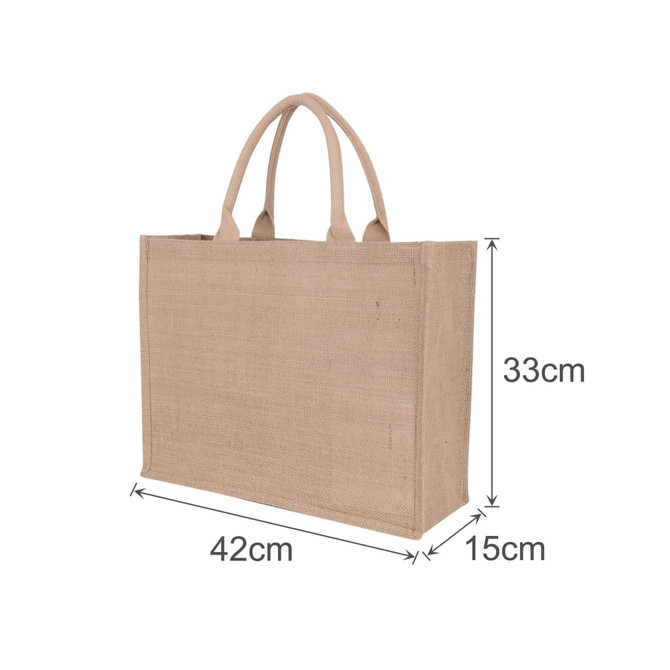 A natural jute tote bag in a light brown hue with two sturdy handles and dimensions of 42cm x 33cm x 15cm.