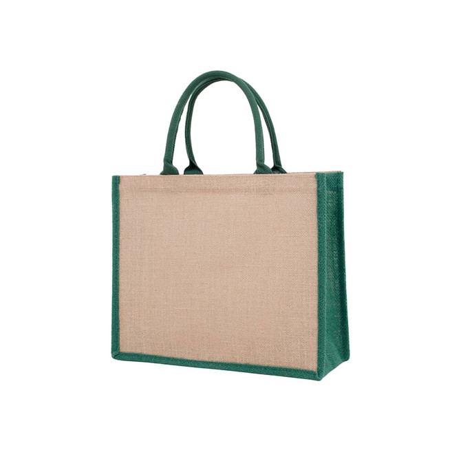 A jute tote bag in natural and dark green, featuring sturdy handles and a branded logo.
