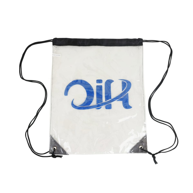 A clear PVC drawstring bag with a black top and logo, featuring two black cords for carrying.