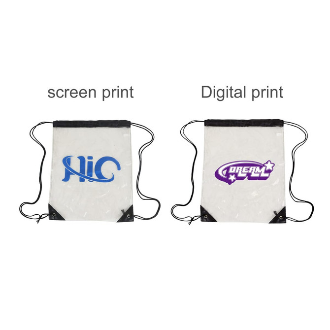 Clear PVC drawstring bag in transparent with black corners, featuring two different prints. One has a blue logo, the other a purple design.