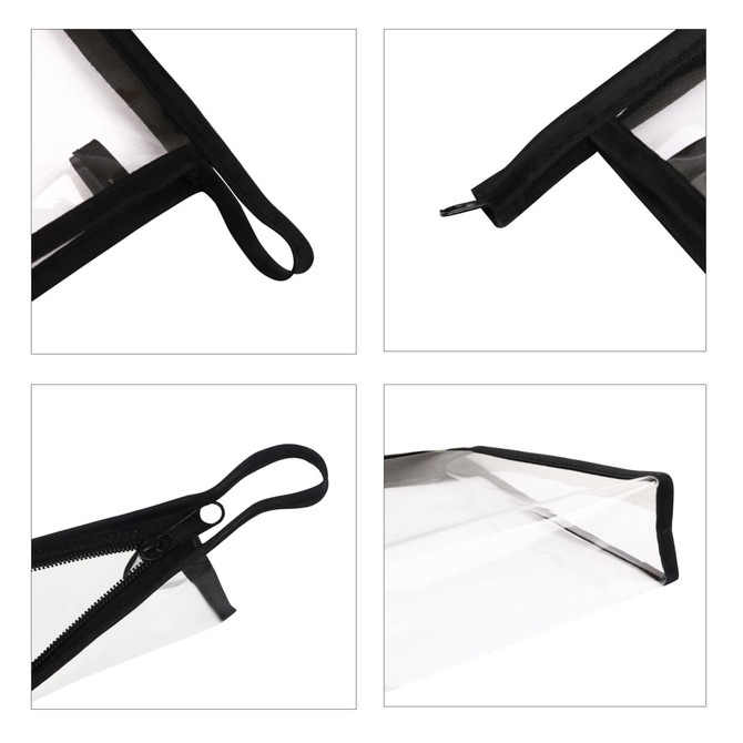 A transparent PVC cosmetic bag with a black zipper and handles, featuring a simple and sleek design.