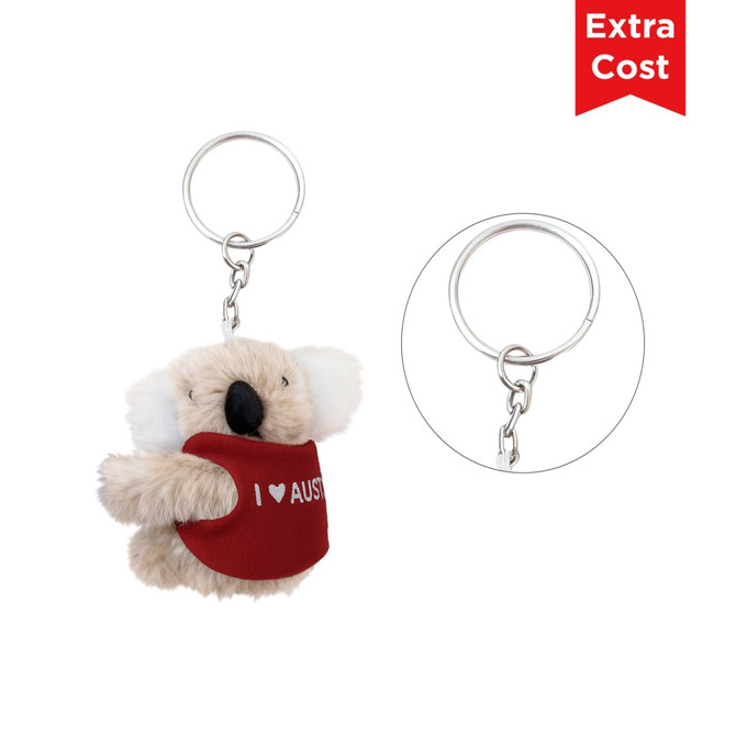 A fluffy koala plush toy with a keyring attachment, wearing a red vest that says "I ❤️ AUS".