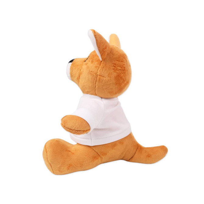 A plush kangaroo toy in brown with a white shirt, featuring an upright, sitting position and a friendly expression.
