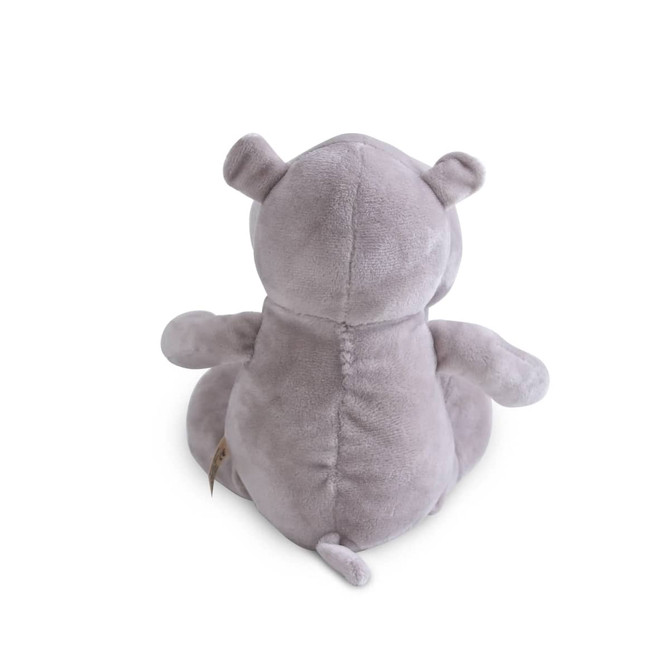 A soft grey hippo plush toy, featuring rounded ears and a small tail, seen from the back.