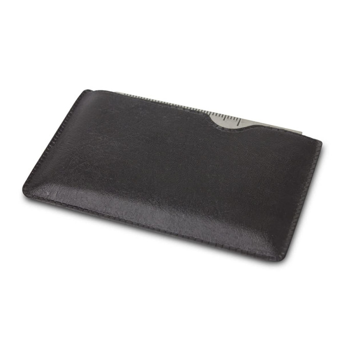 A black multi-tool card within a sleek black leather case, featuring a measurement scale on one edge.