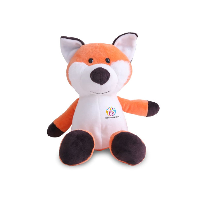 An orange and white fox plush toy with a soft fabric finish and a printed logo. Features black paws and ears.