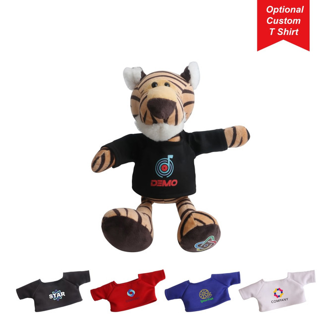 A plush tiger toy with a striped head, brown body, and a black T-shirt featuring a logo. Several other T-shirt options displayed below.