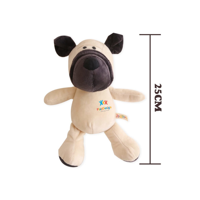 A beige dog plush toy with black ears and nose, featuring a branding tag, measuring 25 cm tall.