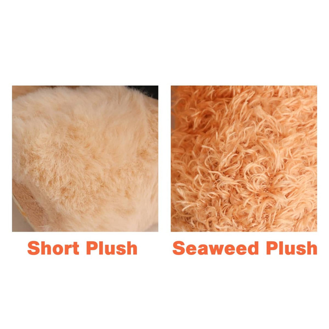 Close-up of two plush textures: one short plush and one seaweed plush, both in soft shades of orange.