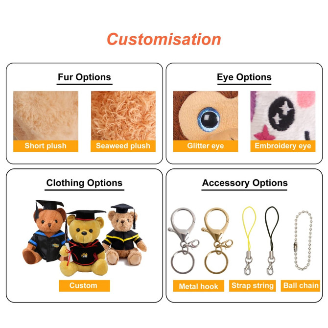 A selection of customisable graduation bear keyrings with various fur, eye, clothing, and accessory options.